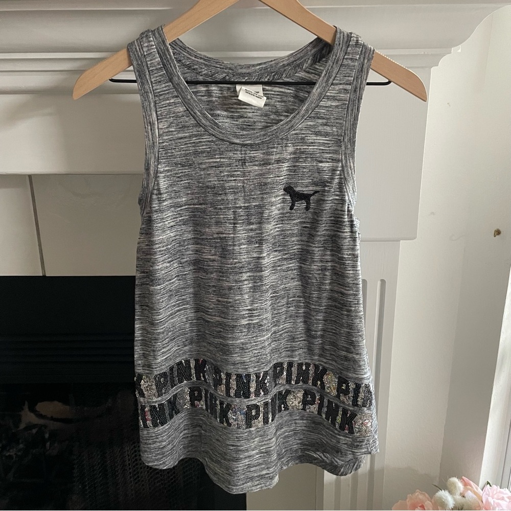 PINK Victoria's Secret Black Silver Sequin Front Tank Top Size XS